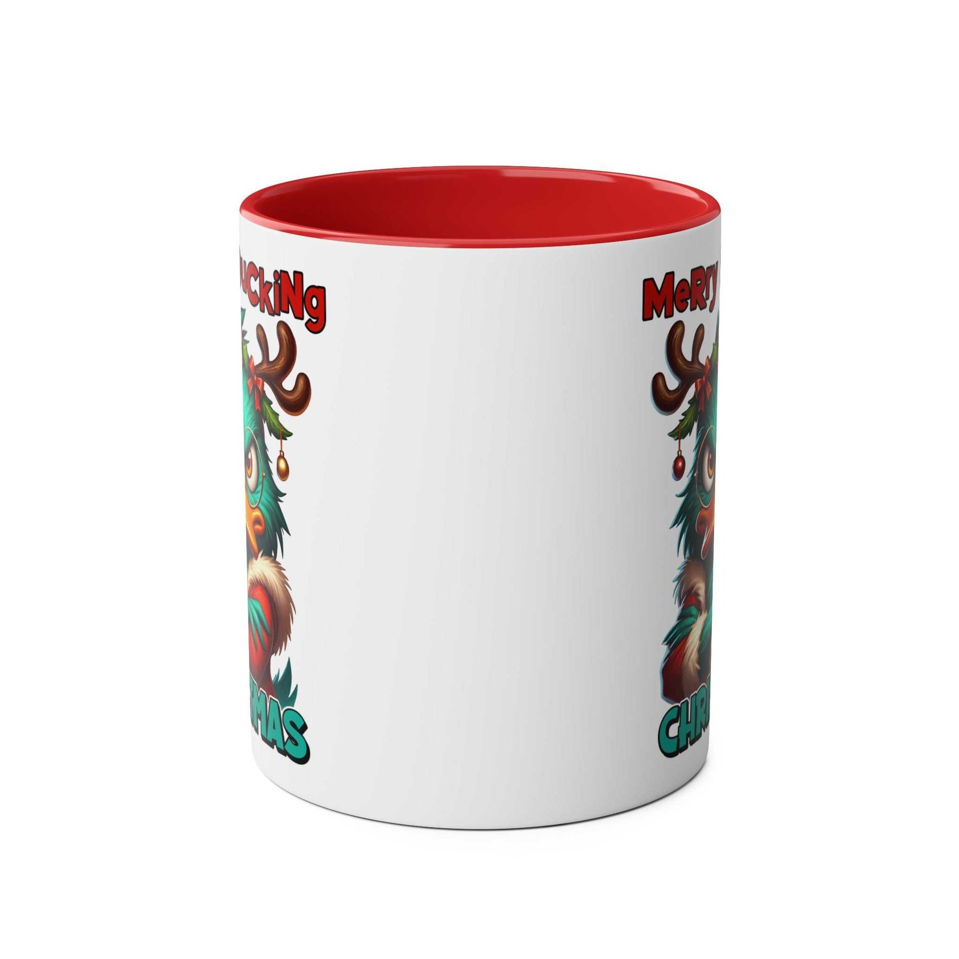 Sarky Christmas Mug with duck design, available in 7 colors, 11oz ceramic, glossy finish.