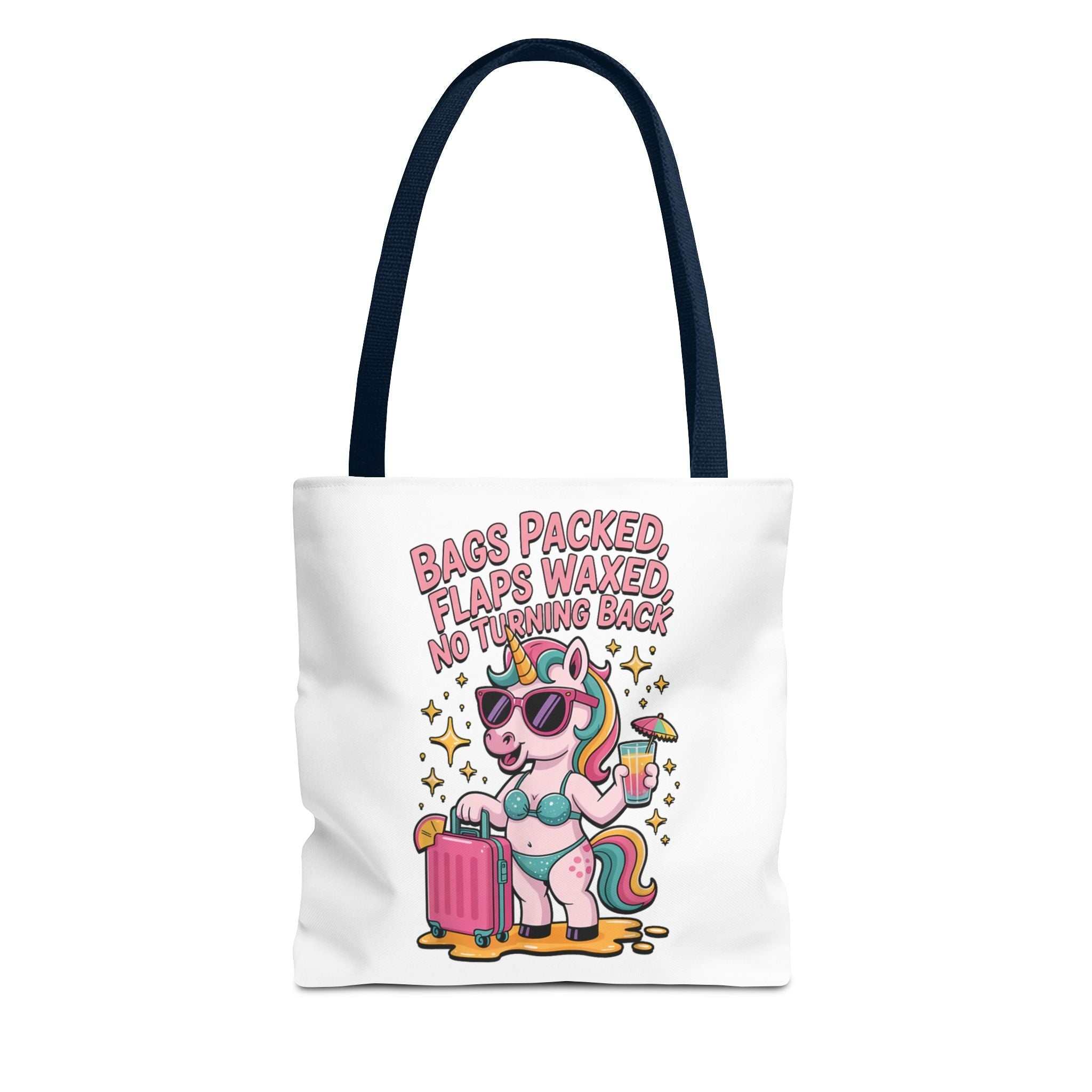 Cheeky fun unicorn travel tote bag with colorful handles and durable spun polyester fabric
