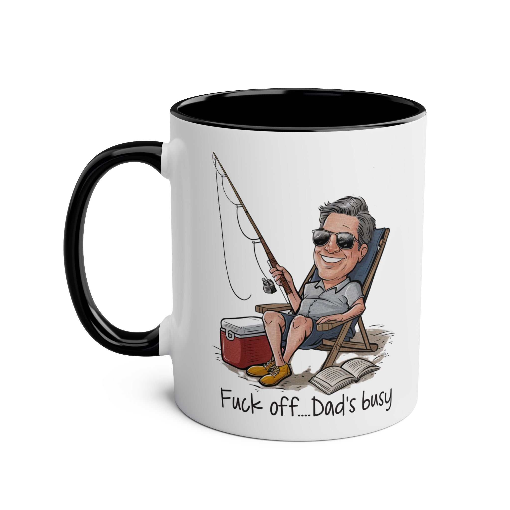 Fun Fathers Day Gift Mug with a funny fishing illustration, 11oz ceramic, available in 6 colors, glossy finish, microwave and dishwasher safe.