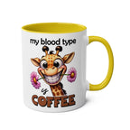 Funny giraffe design on "My Blood Type Coffee Mug" with yellow handle, 11oz ceramic, glossy finish.