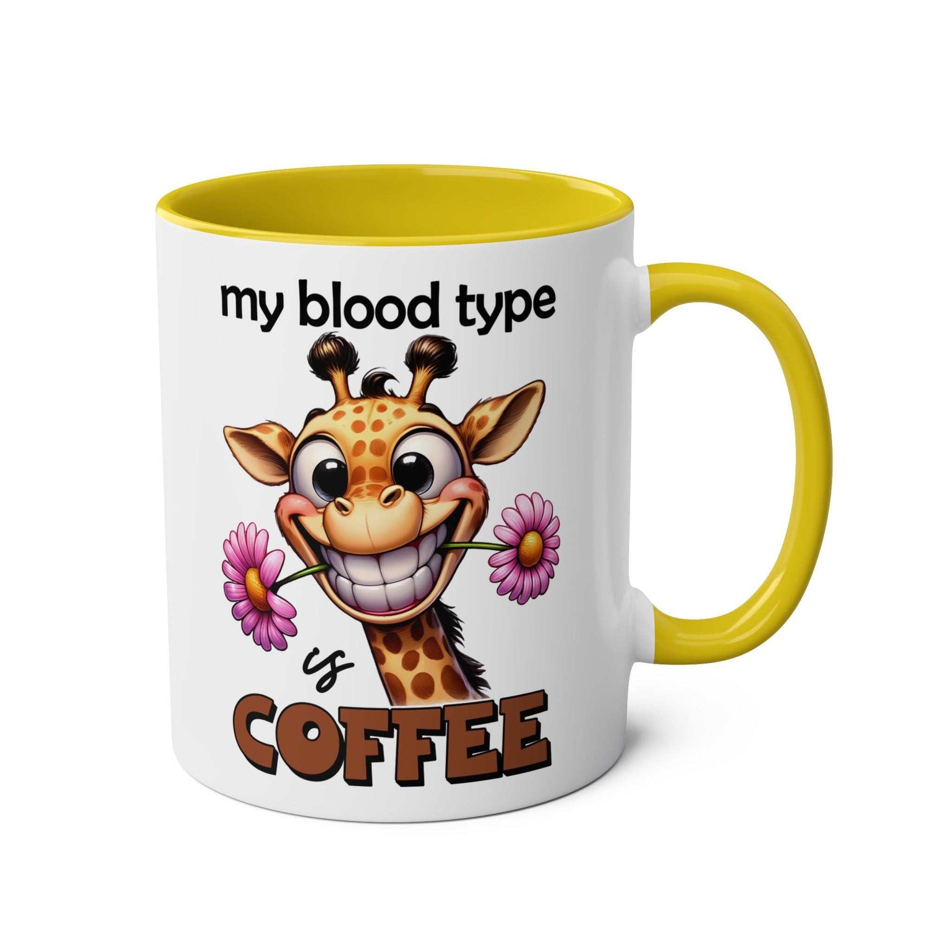 Funny giraffe design on "My Blood Type Coffee Mug" with yellow handle, 11oz ceramic, glossy finish.