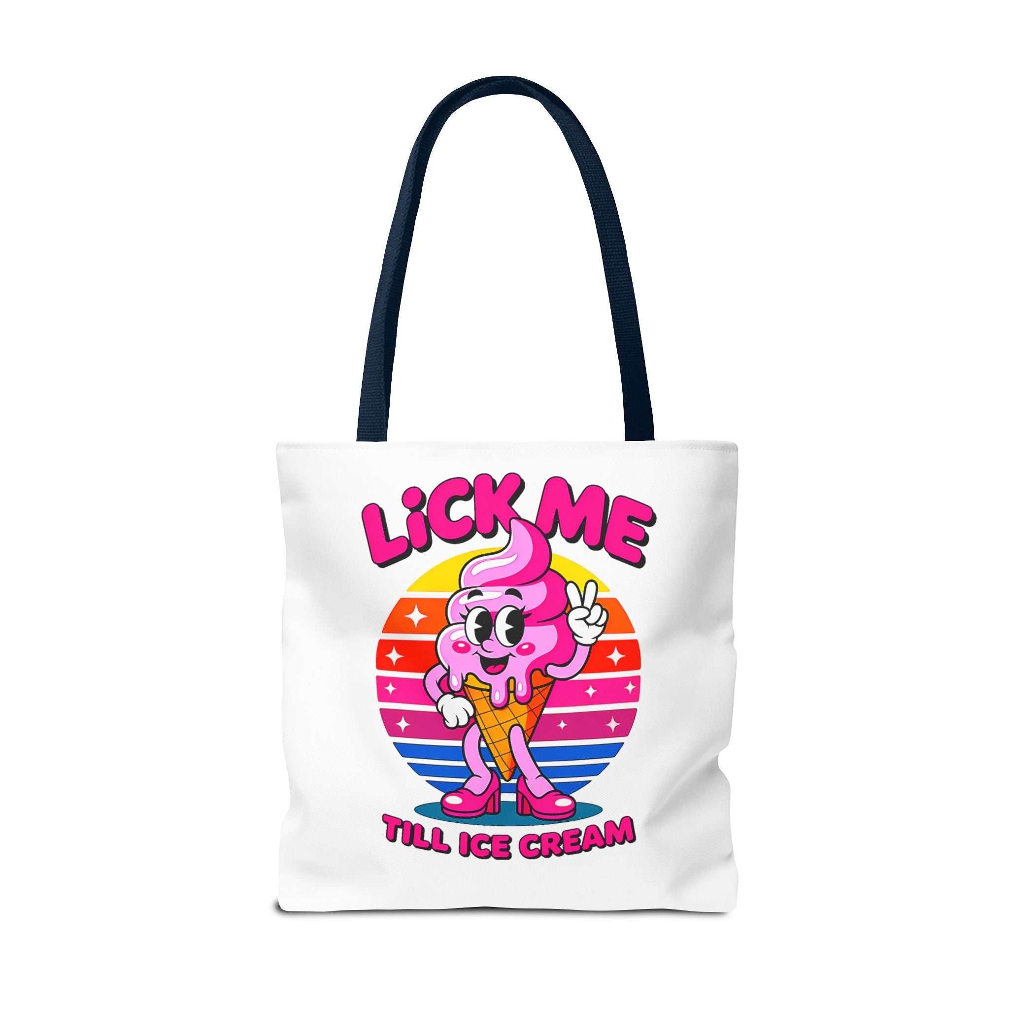 Cheeky Lick Me Till Ice Cream Tote Bag in three sizes with colorful handles and durable spun polyester fabric