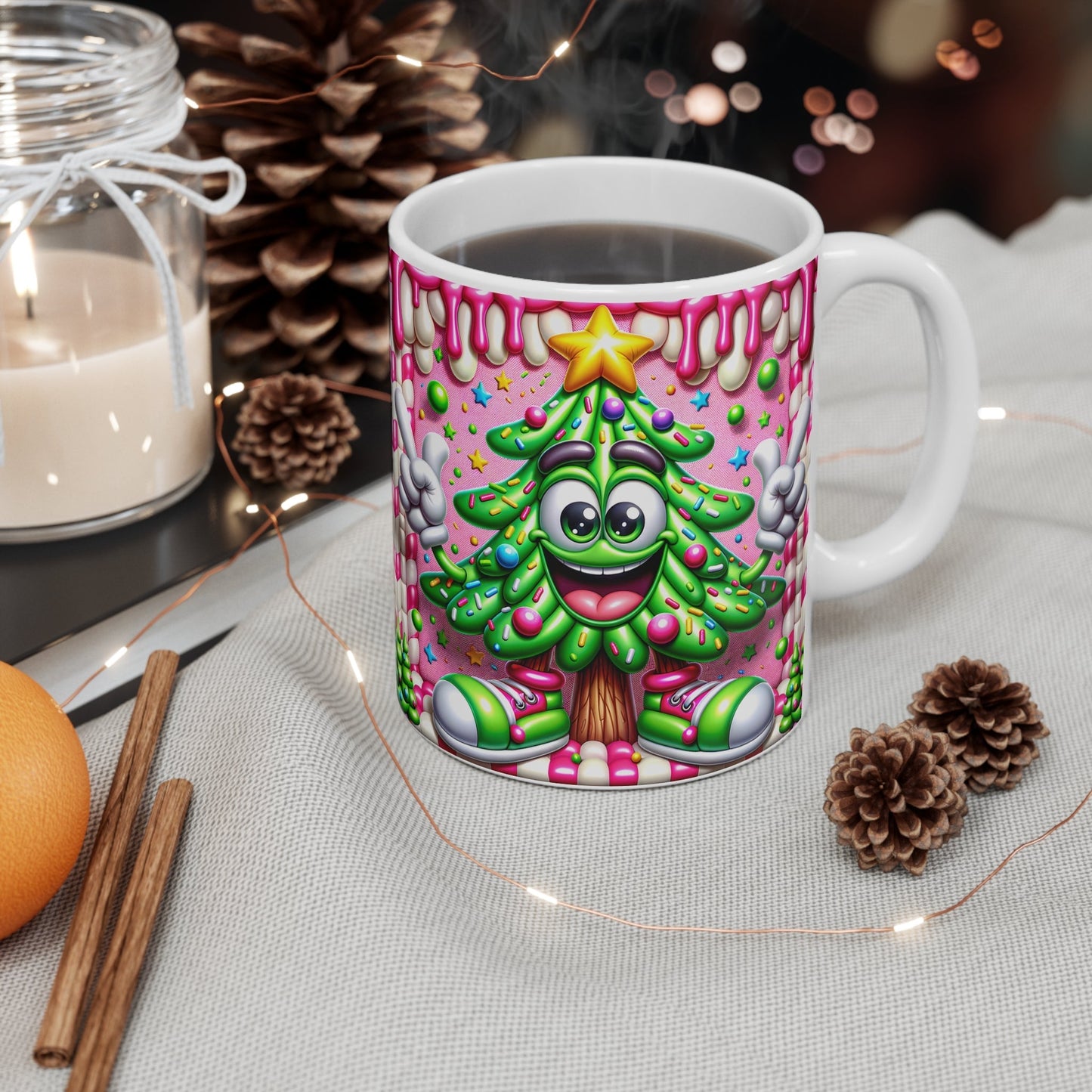 Cute Christmas mug with festive design, ideal for hot cocoa, 11oz ceramic, microwave and dishwasher safe.