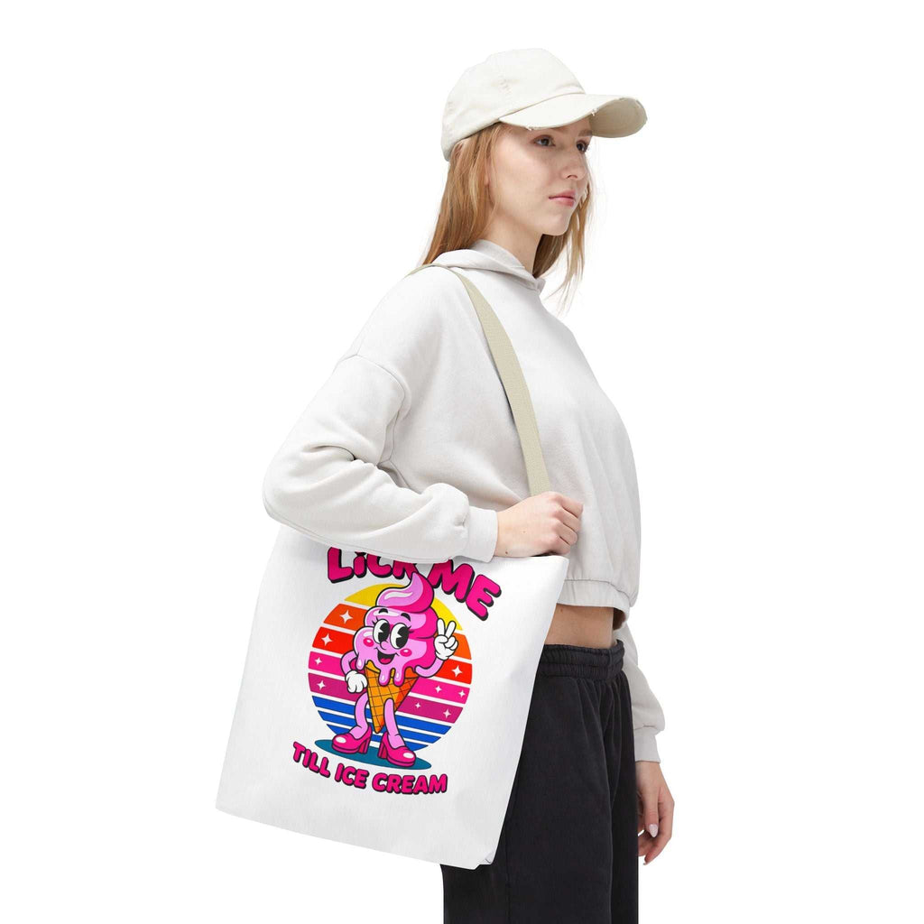 Cheeky Lick Me Till Ice Cream Tote Bag with colorful handles and durable spun polyester fabric