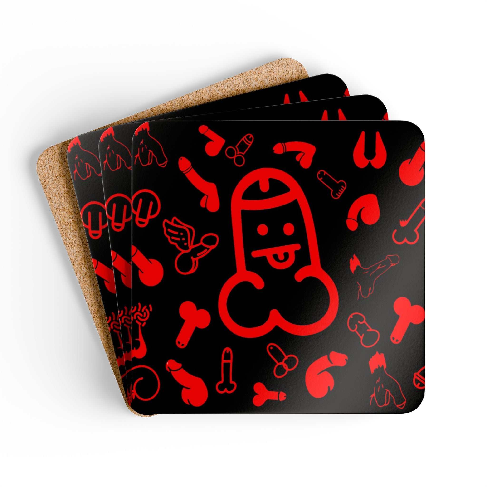 Red Willies Coaster Set with cheeky designs, cork backing, and high-gloss finish.