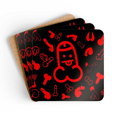 Red Willies Coaster Set with cheeky designs, cork backing, and high-gloss finish.