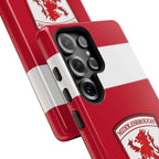 Middlesbrough Magnetic Samsung Case with red colors and official-inspired crest for fan protection and wireless charging