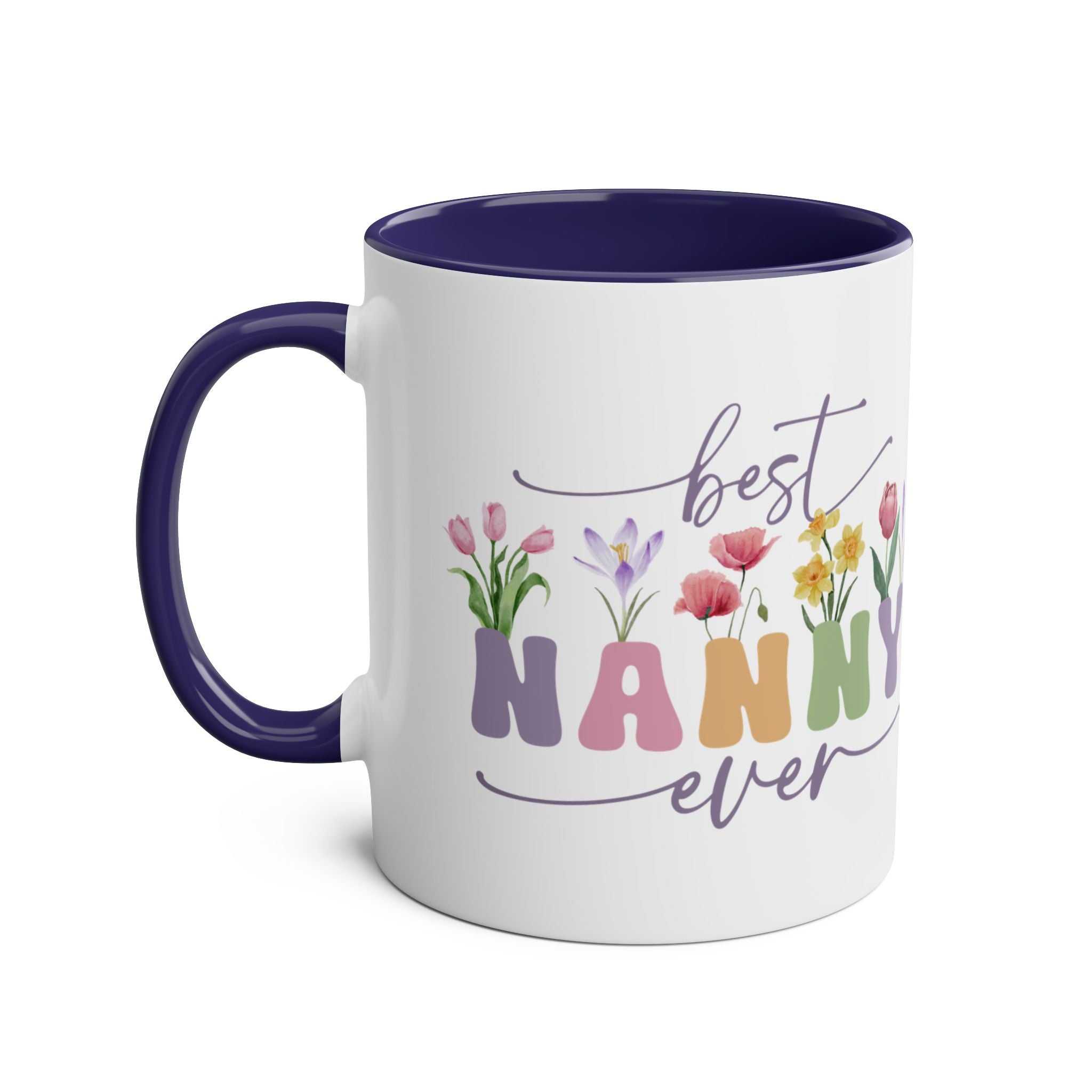 Best Nanny Ever Mothers Day Gift Mug with floral design, ceramic, 11oz, glossy finish.