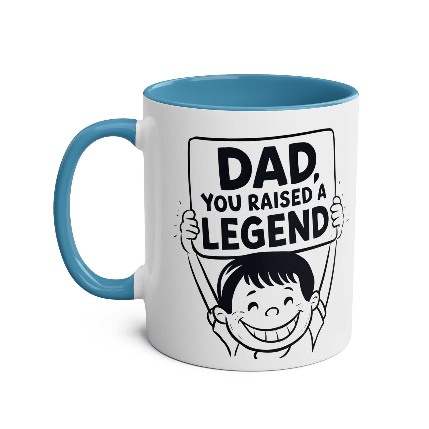 Colorful Fun Fathers Day Gift Mug with "Dad, You Raised a Legend" design, perfect for celebrating dads.