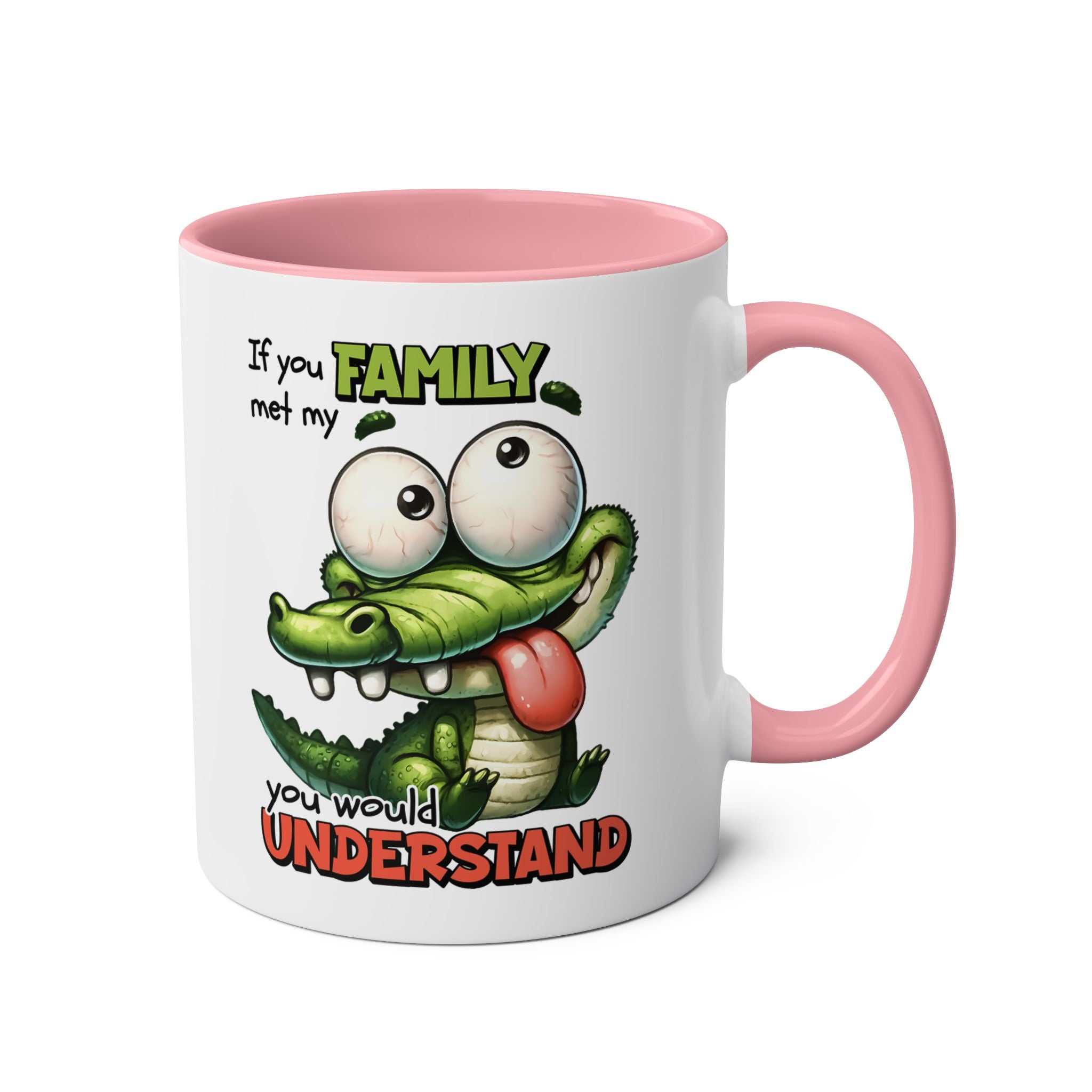 Family Coffee Mug with playful crocodile design, available in 7 colors, glossy finish, 11oz ceramic, microwave and dishwasher safe.
