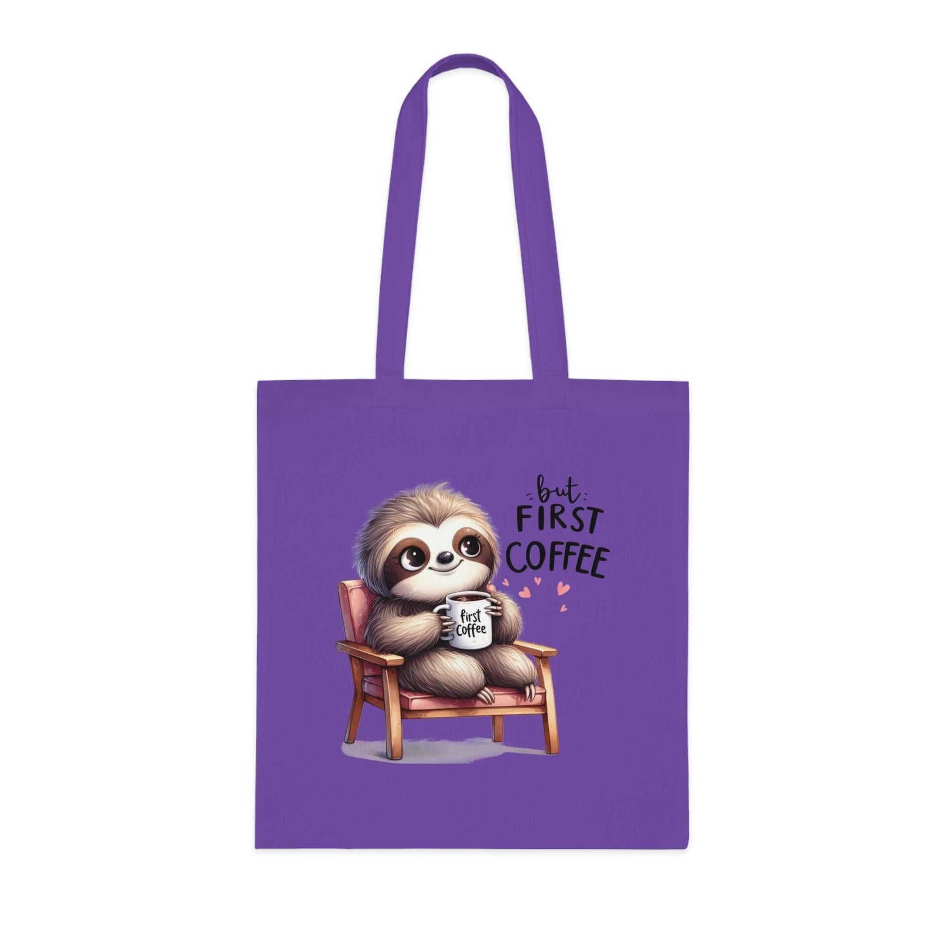 Cotton tote bag with cute sloth design and vibrant colors, ideal for sloth lovers.