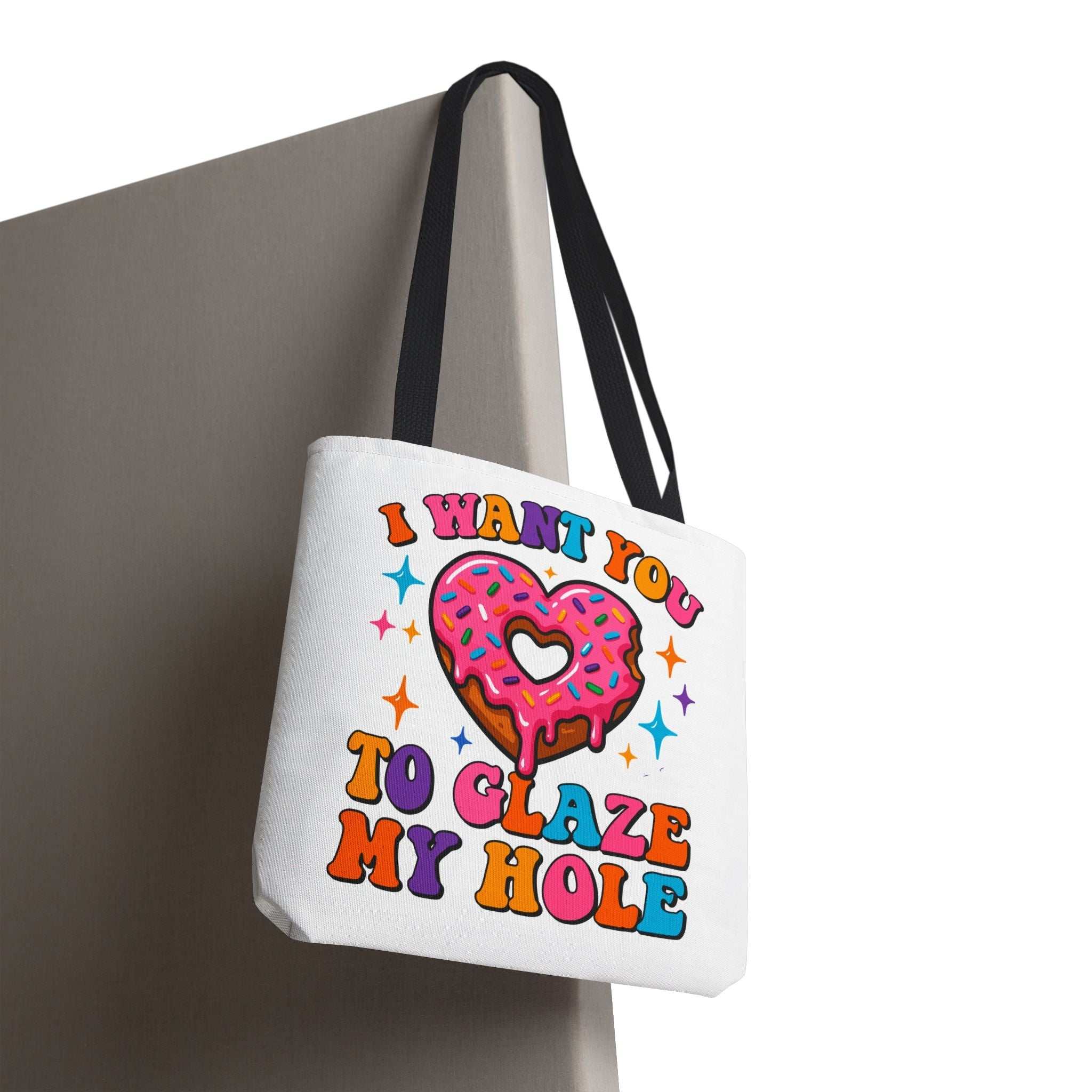 Glaze My Hole Donut Tote Bag with cheeky donut design and cotton straps