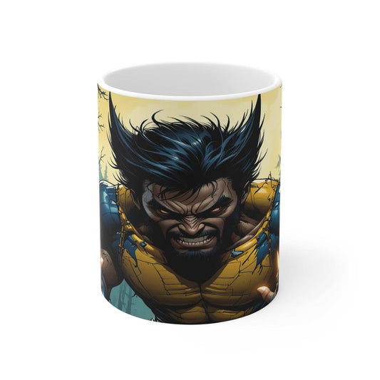 Wolverine-inspired superhero coffee mug with fierce design, 11oz ceramic, glossy finish.