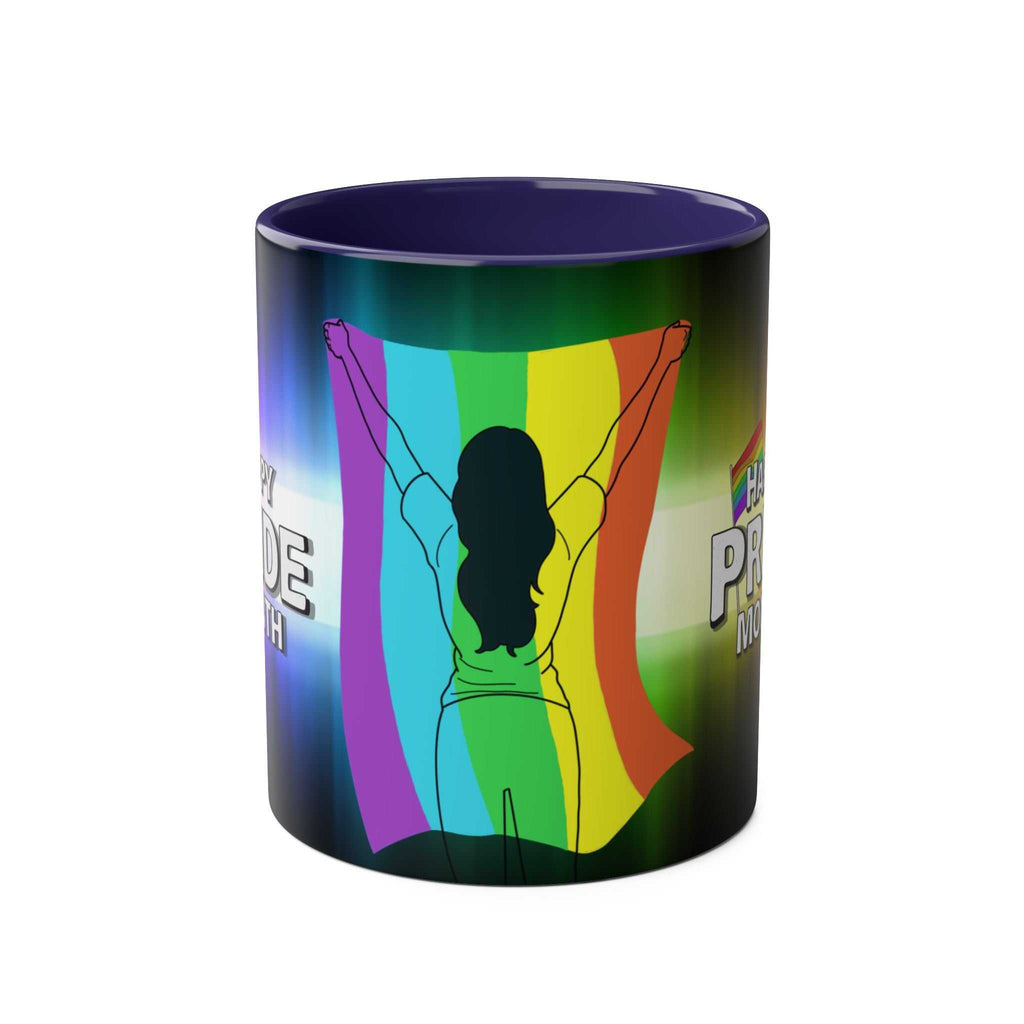 LGBTQ+ Pride Mug with vibrant rainbow design and person silhouette, 11oz ceramic, glossy finish.