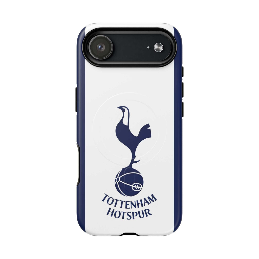 Tottenham FC MagSafe iPhone case with navy and white colors, club crest, dual-layer protection, and MagSafe compatibility.