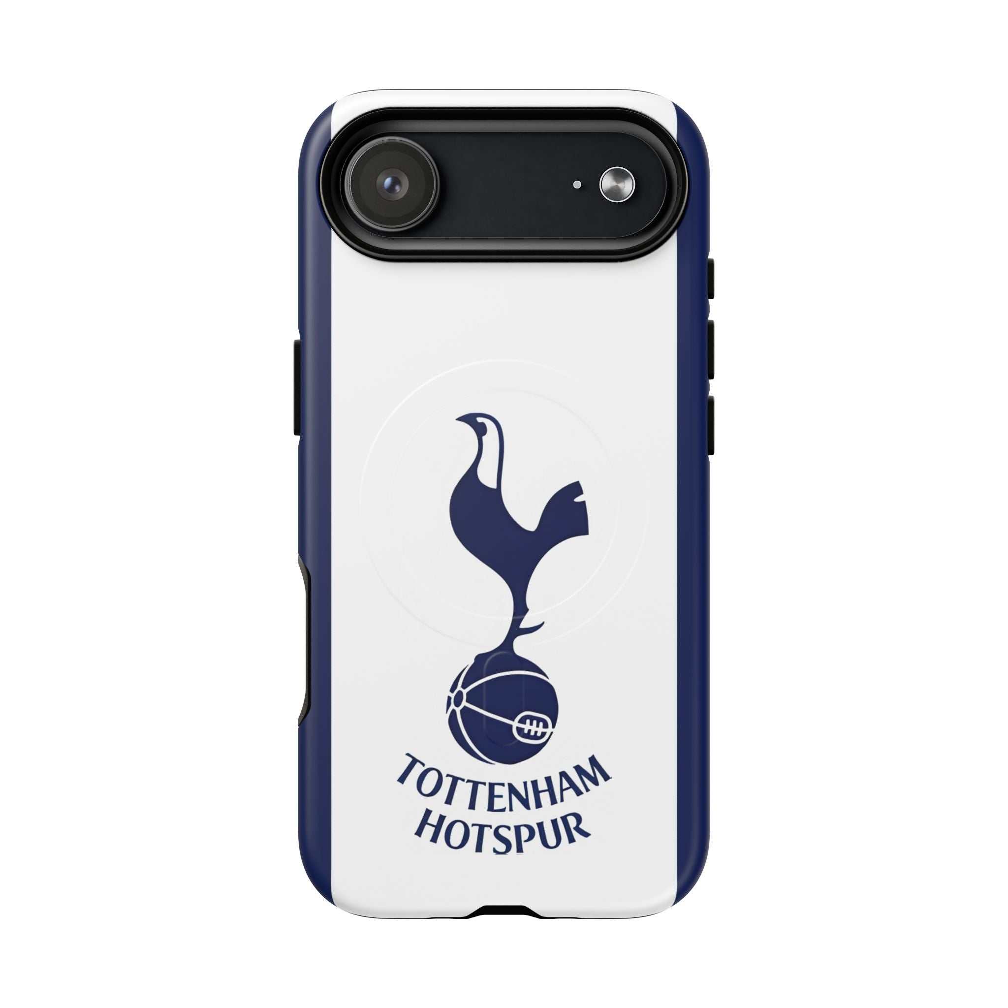 Tottenham FC MagSafe iPhone case with navy and white colors, club crest, dual-layer protection, and MagSafe compatibility.