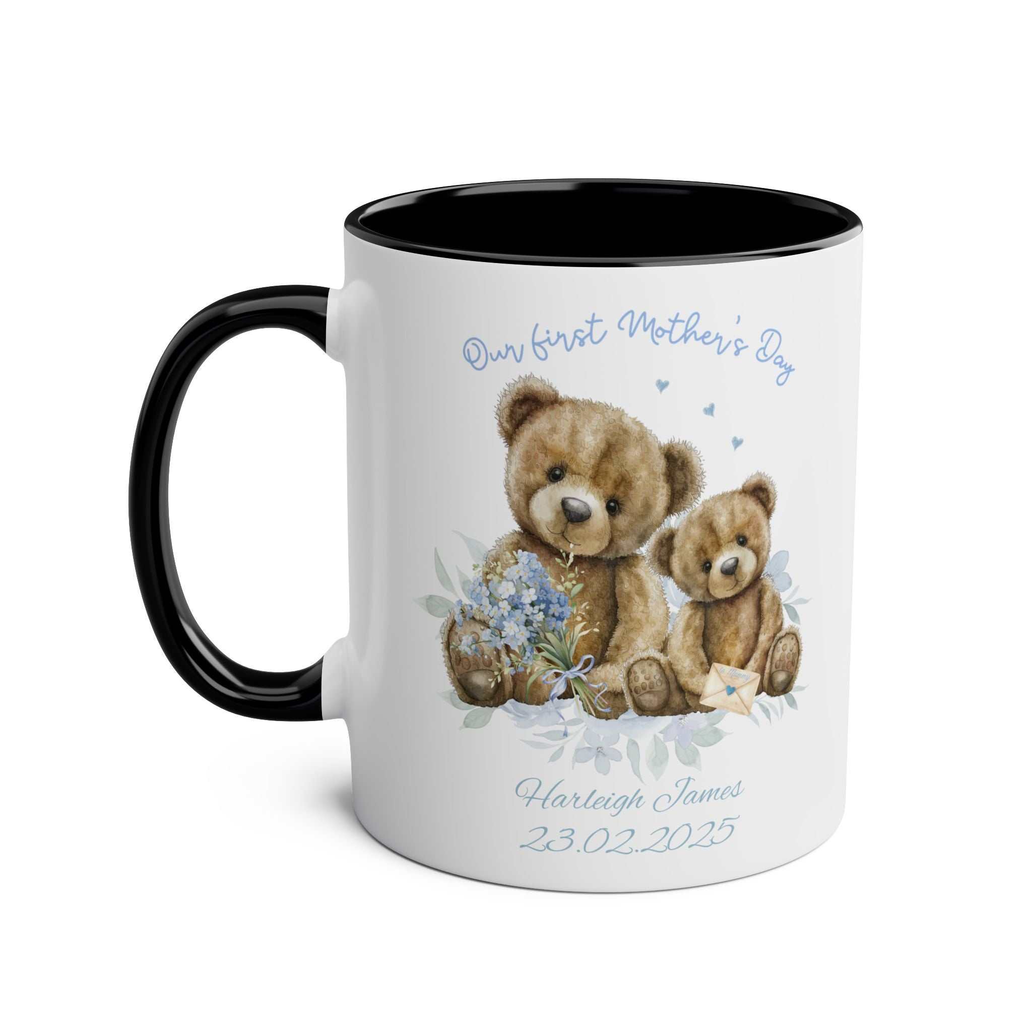 Personalised Our First Mother's Day Boy Gift Mug with teddy bears and custom text.