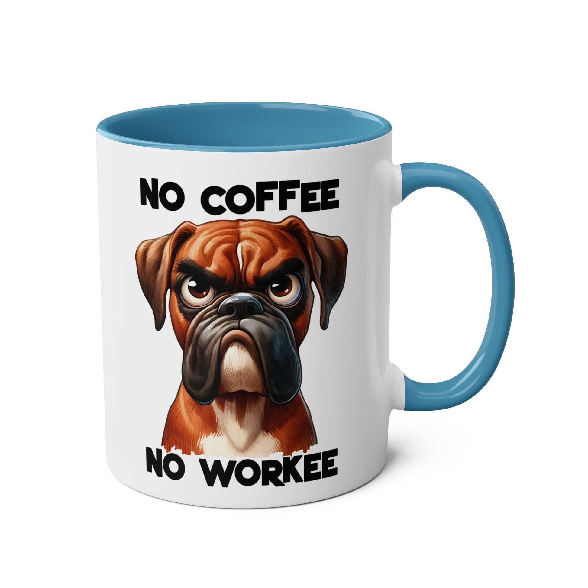 Sarky dog design on "No Coffee No Workee Mug" with blue interior, ceramic, 11oz, dishwasher safe.