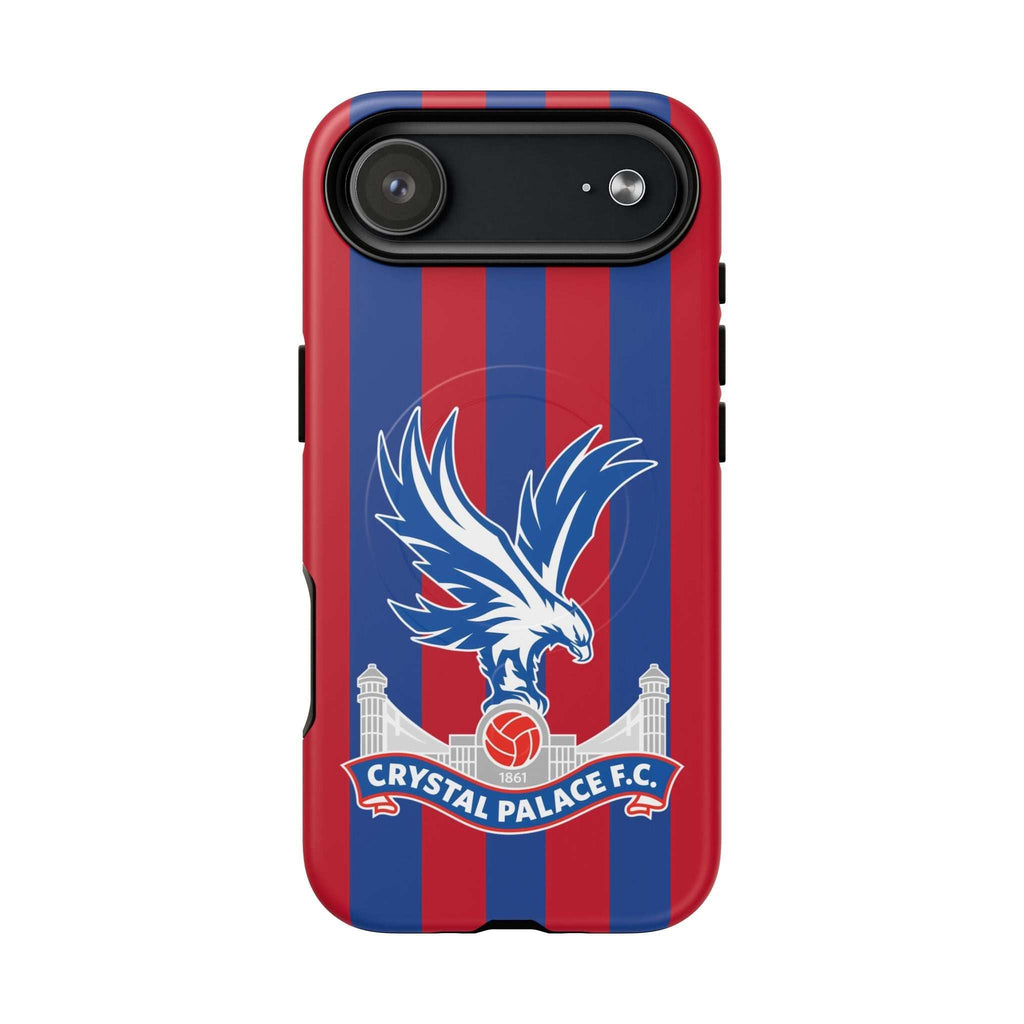 Crystal Palace MagSafe iPhone case with red and blue stripes and eagle crest, dual-layer protection, and MagSafe compatibility