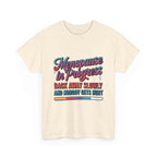 White Menopause In Progress T-Shirt with "Warning: Hot flashes loading..." fiery text design