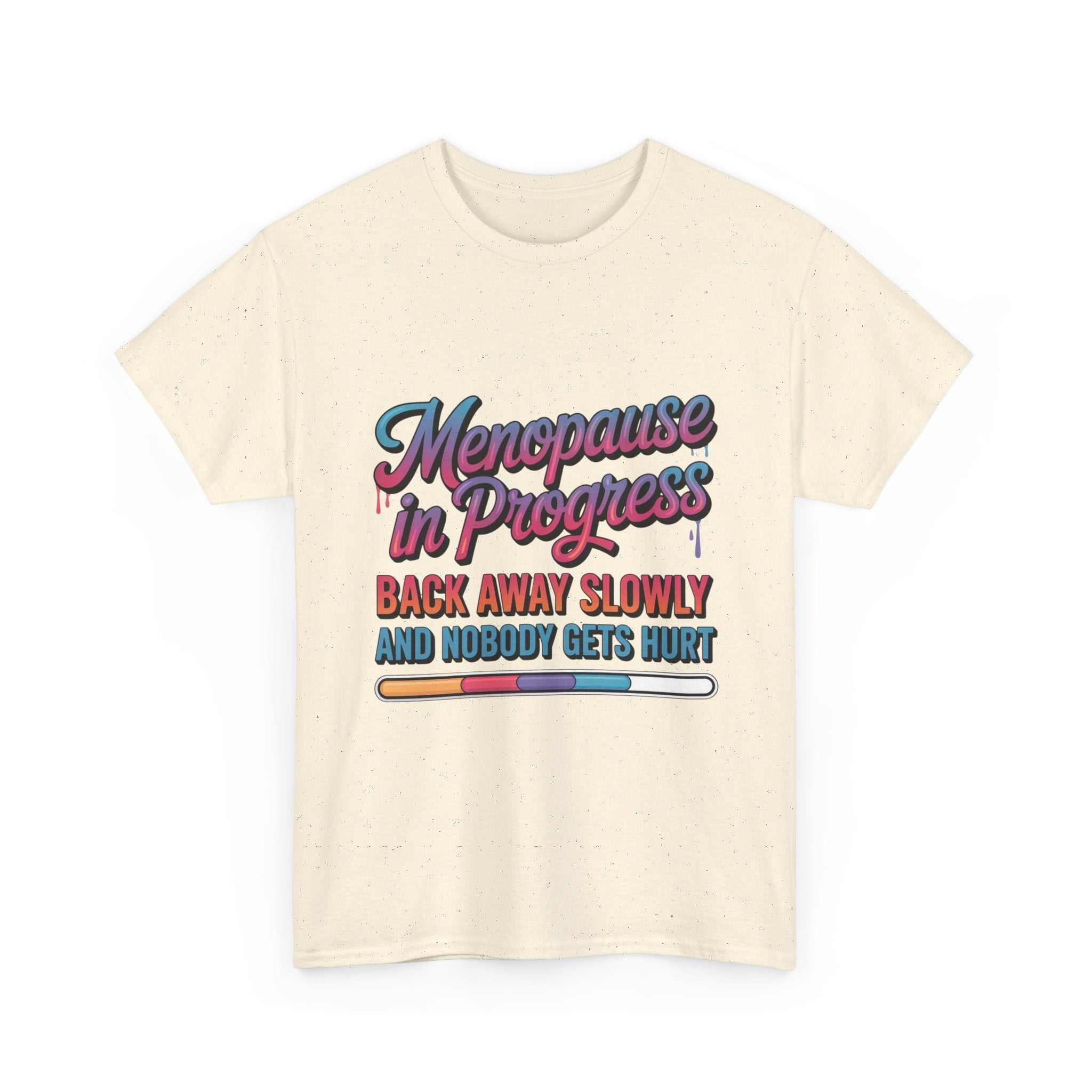 White Menopause In Progress T-Shirt with "Warning: Hot flashes loading..." fiery text design