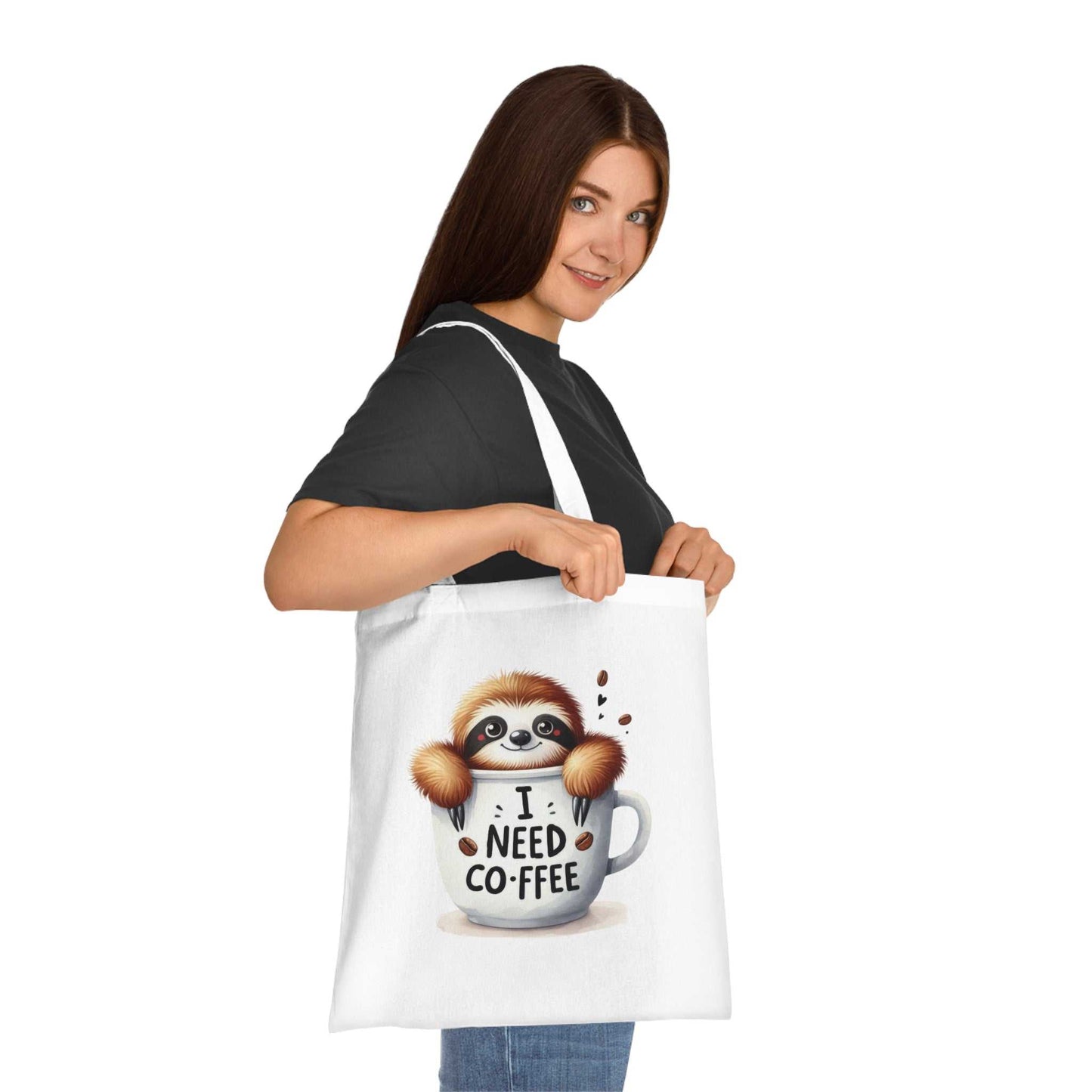 Cotton tote bag with cute sloth design and vibrant colors, ideal for sloth lovers.