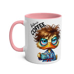 Fun Sarcastic Coffee Mug with cartoon character and text, glossy finish, 11oz, pink handle and rim.