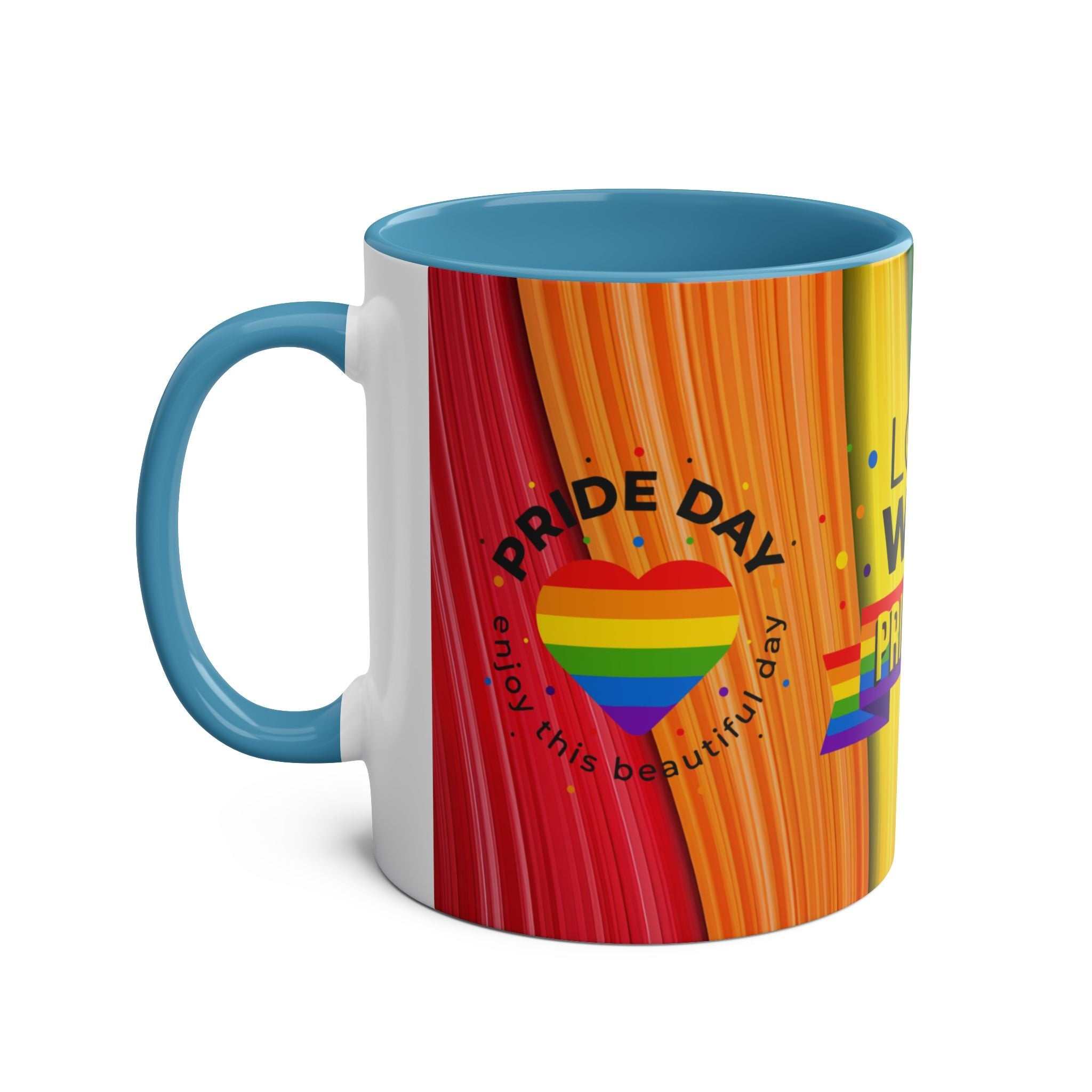 LGBTQ+ Pride mug with vibrant rainbow design, ceramic, glossy finish, 11oz.