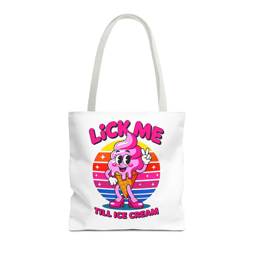 Cheeky Lick Me Till Ice Cream Tote Bag with colorful handles, durable spun polyester, available in three sizes for everyday use