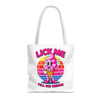 Cheeky Lick Me Till Ice Cream Tote Bag with colorful handles, durable spun polyester, available in three sizes for everyday use