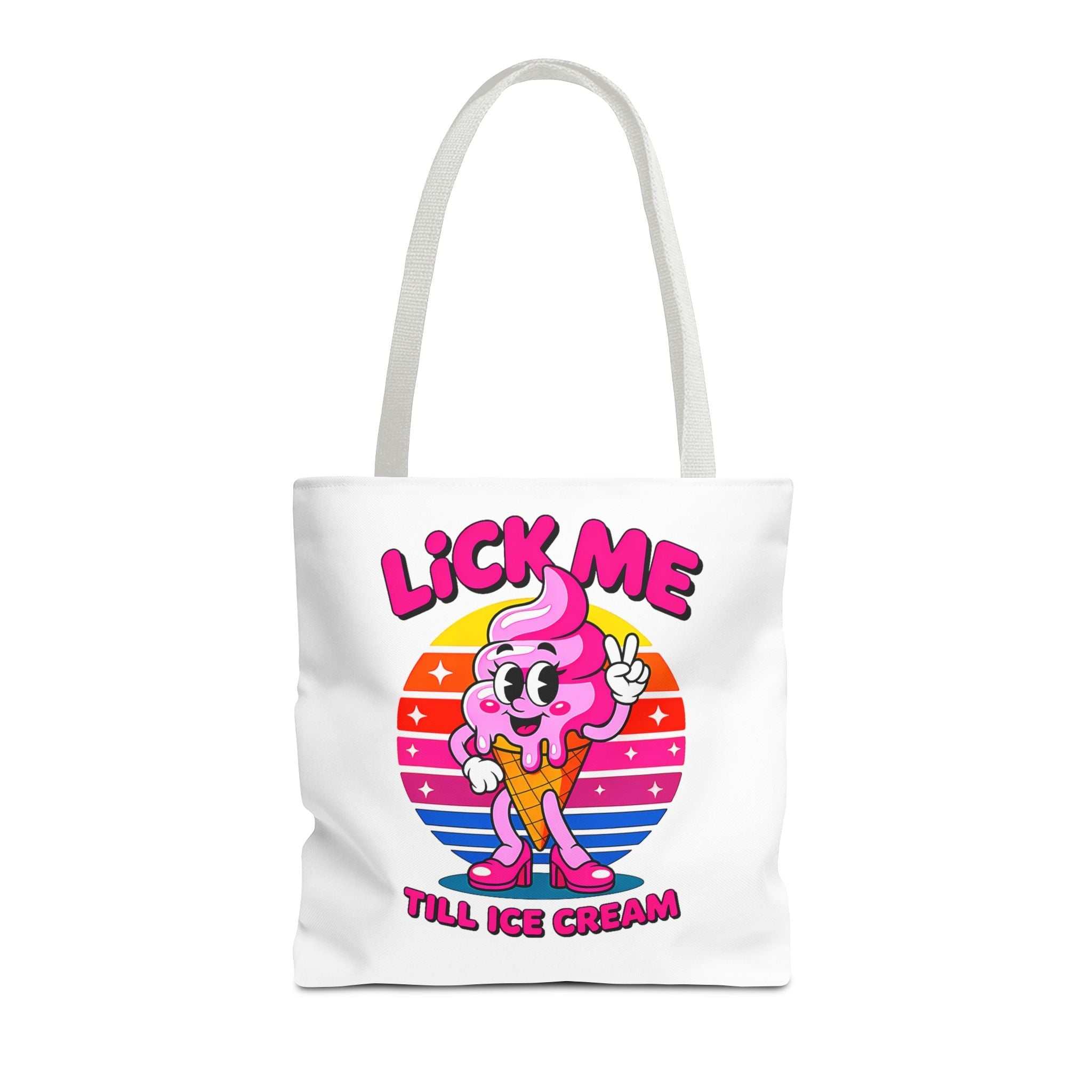 Cheeky Lick Me Till Ice Cream Tote Bag with colorful handles, durable spun polyester, available in three sizes for everyday use