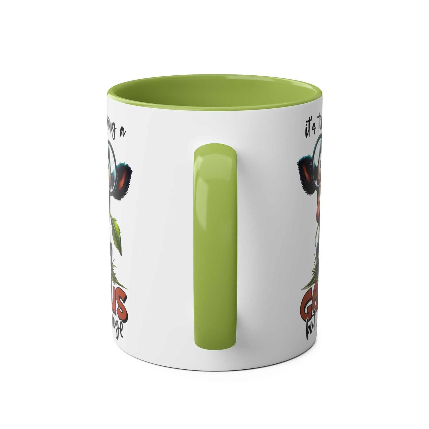 Genius Coffee Mug with funny design and animal graphic, green handle, 11oz ceramic, microwave and dishwasher safe.