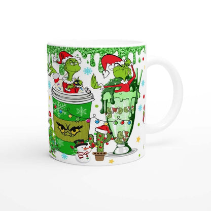 Fun Grinch Christmas Mug with whimsical holiday design, 11oz ceramic, glossy finish.
