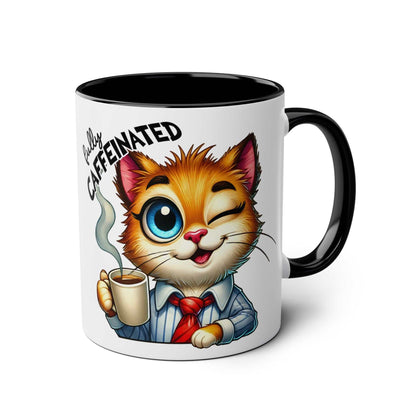 Fun Sarcastic Coffee Mug with winking cartoon cat, "Fully Caffeinated" text, perfect for sarcastic coffee lovers.