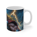 White ceramic coffee mug featuring a bold Thor hero superhero design with lightning and storm background