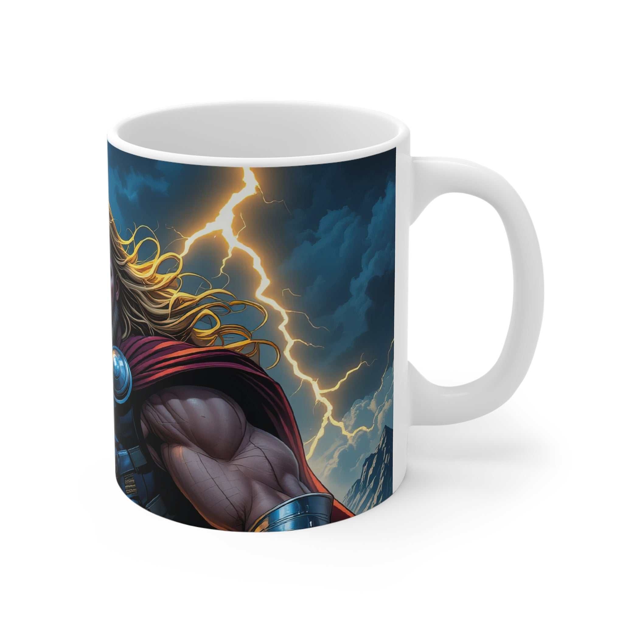 White ceramic coffee mug featuring a bold Thor hero superhero design with lightning and storm background