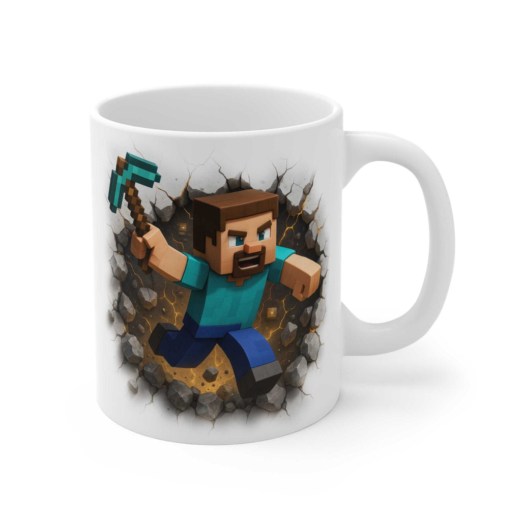 White ceramic mug featuring Minecraft Steve breaking through a cracked stone wall, holding a pickaxe, 11oz, microwave and dishwasher safe.