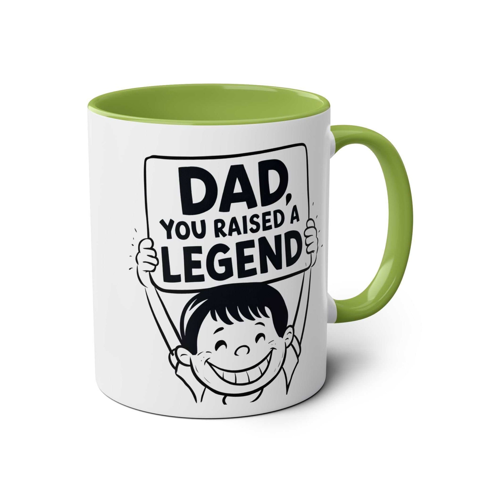 Fun Fathers Day Gift Mug with "Dad, You Raised a Legend" design, green handle, 11oz ceramic, microwave and dishwasher safe.