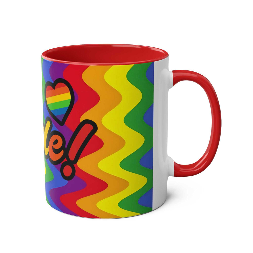 LGBTQ+ Pride mug with vibrant rainbow design, ceramic, 11oz, glossy finish, dishwasher safe.