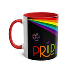 LGBTQ+ Pride mug with vibrant rainbow design and red handle.