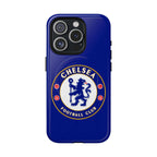 Chelsea FC MagSafe iPhone case with royal blue color and club crest, dual-layer protection, and wireless charging compatible