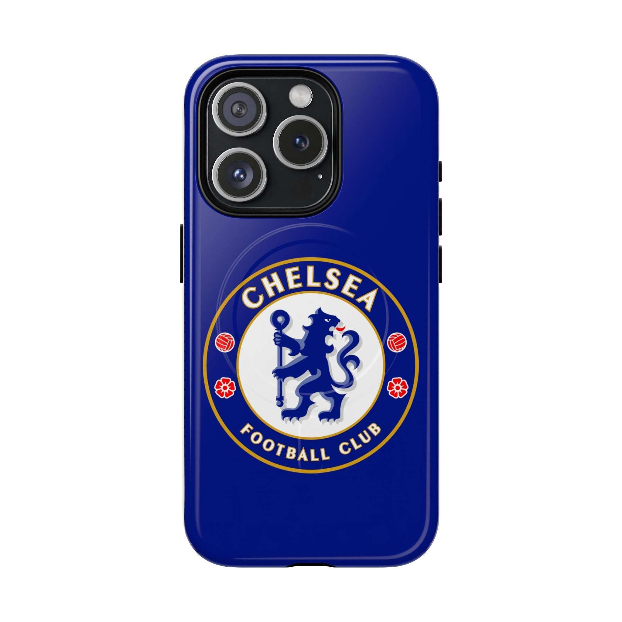 Chelsea FC MagSafe iPhone case with royal blue color and club crest, dual-layer protection, and wireless charging compatible