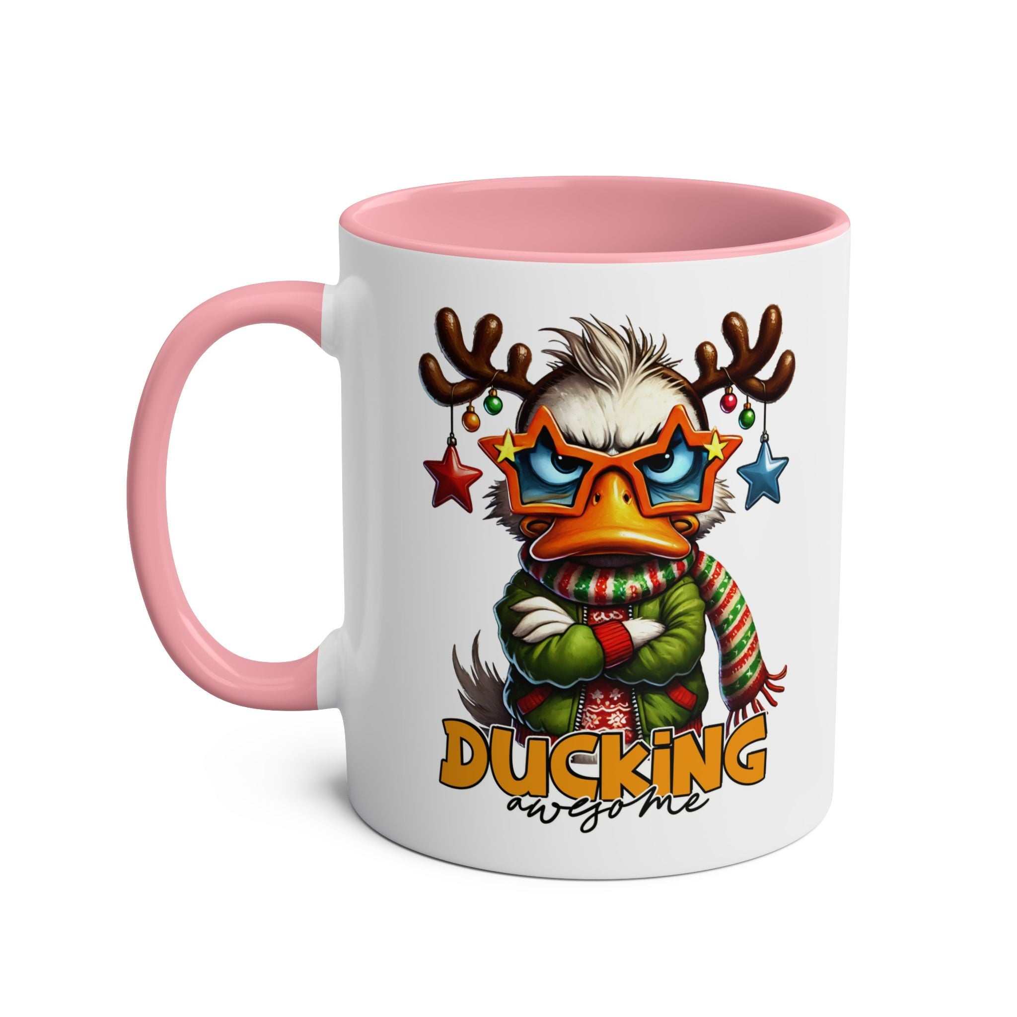 Sarky Christmas Mug with duck design, available in 7 colors, glossy 11oz ceramic, microwave and dishwasher safe.
