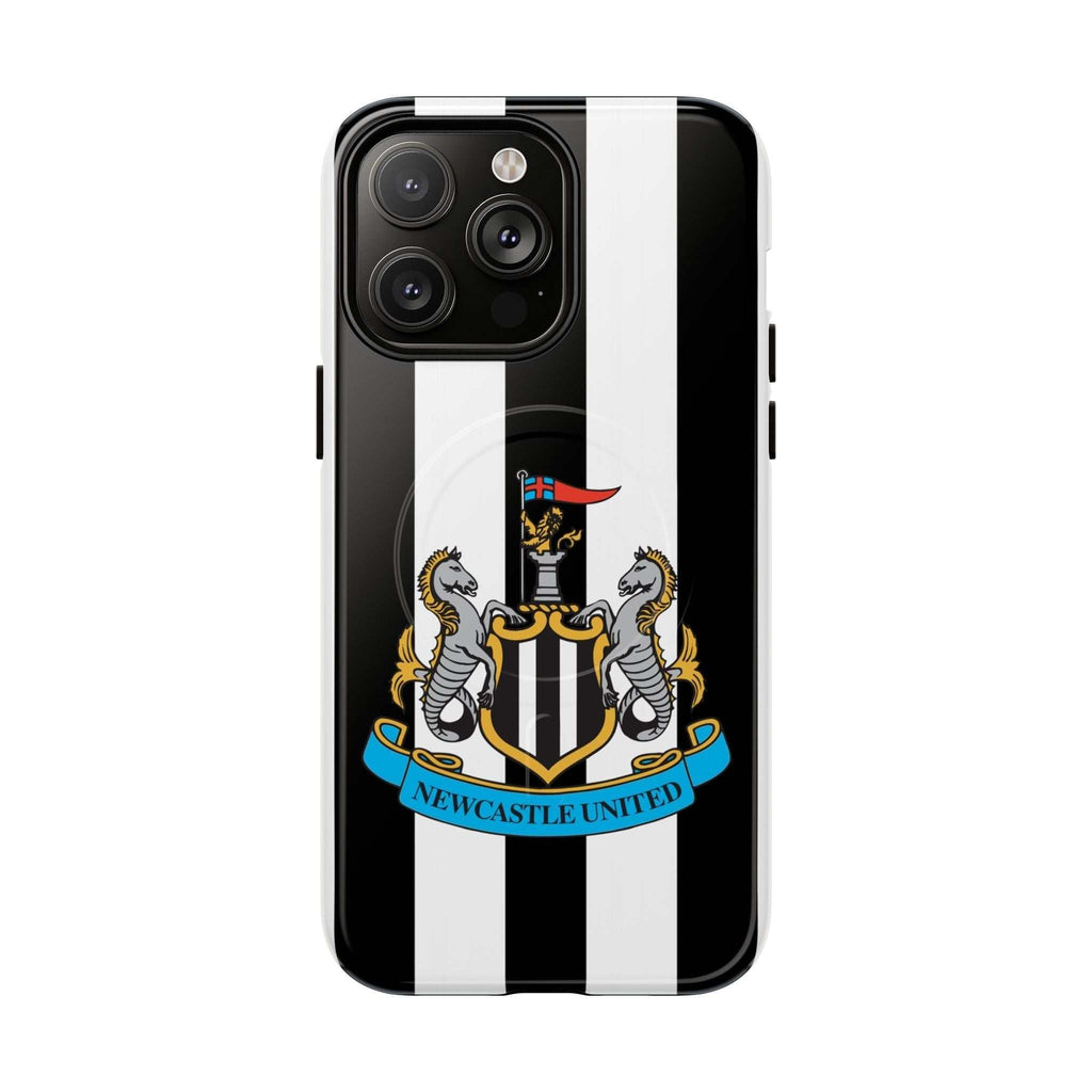 Newcastle United MagSafe iPhone case with black and white stripes and club crest, dual layer protection, MagSafe compatible