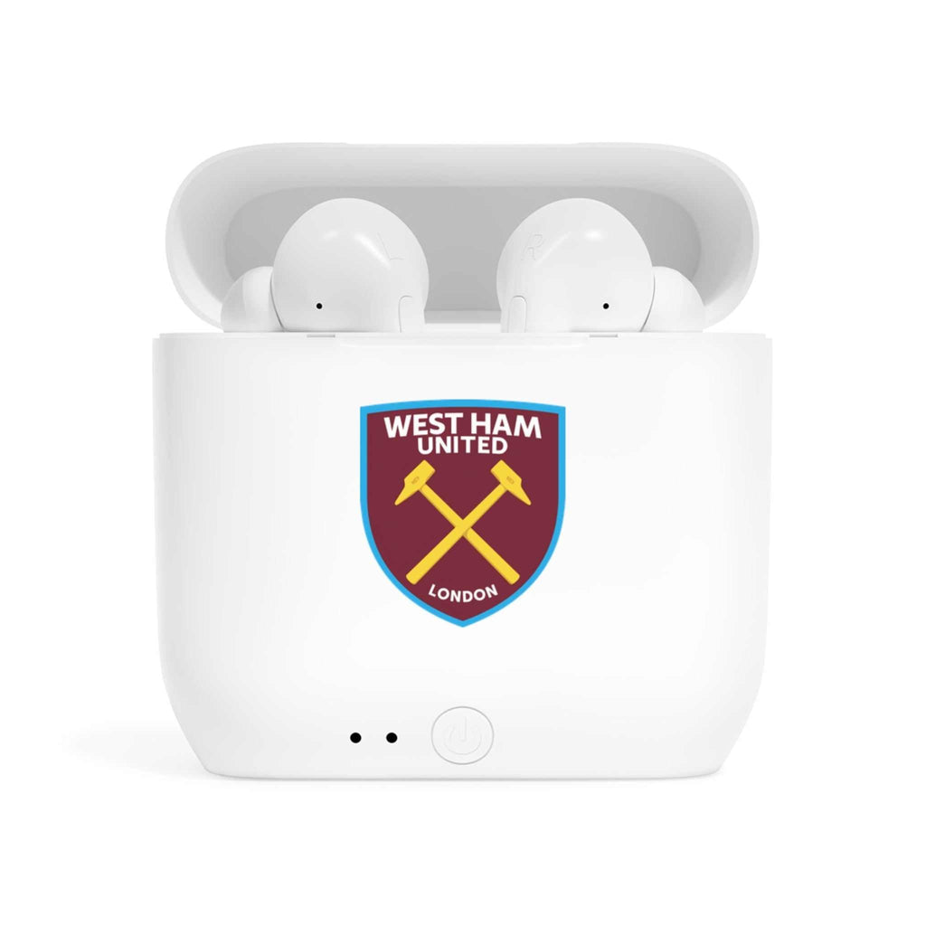 White wireless earbuds with charging case featuring fan-inspired West Ham Utd crest design