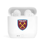 White wireless earbuds with charging case featuring fan-inspired West Ham Utd crest design