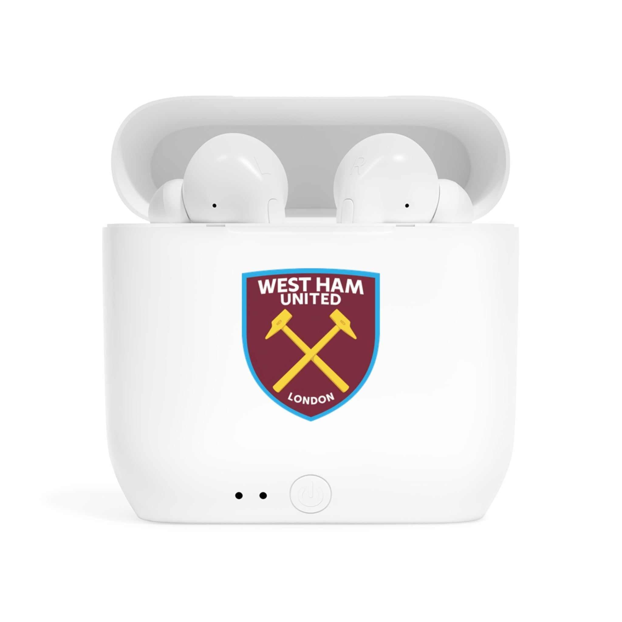 White wireless earbuds with charging case featuring fan-inspired West Ham Utd crest design