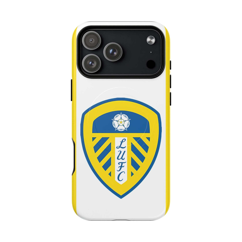 Leeds Utd Magsafe iPhone Case with club crest, dual layer protection, and MagSafe compatibility