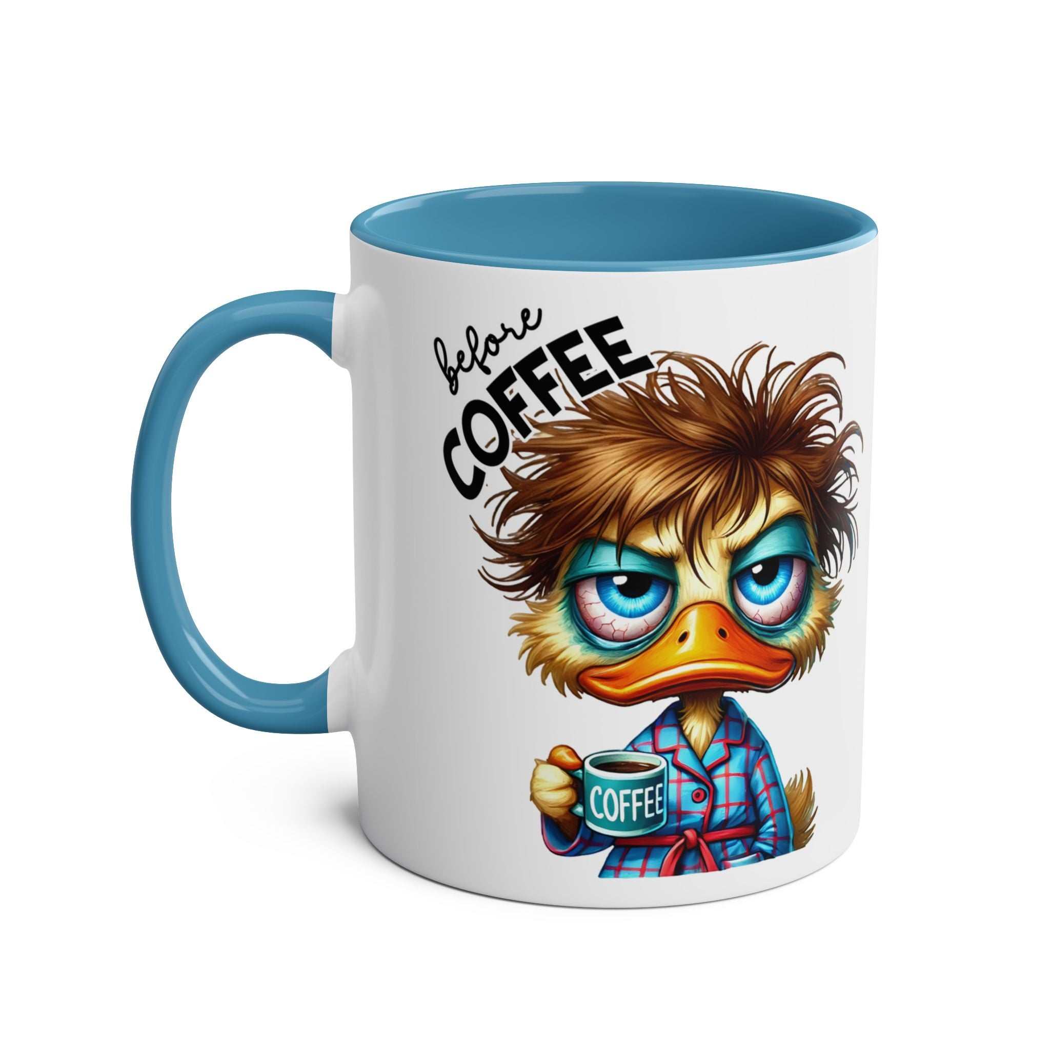 Fun Sarcastic Coffee Mug with humorous duck design, blue interior, ideal for sarcastic coffee lovers.