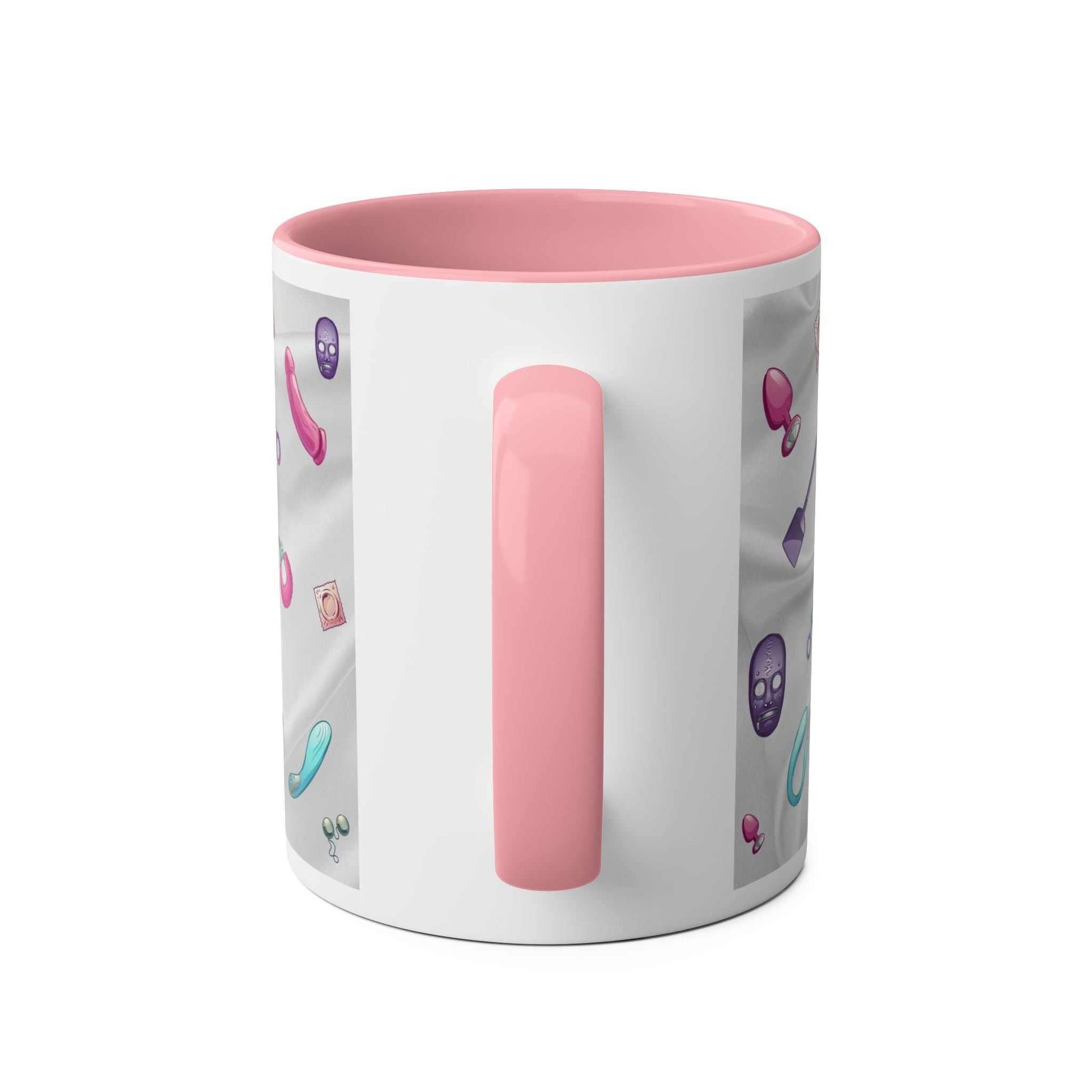 Playful Fun Sex Toy Coffee Mug with colorful design and pink handle.